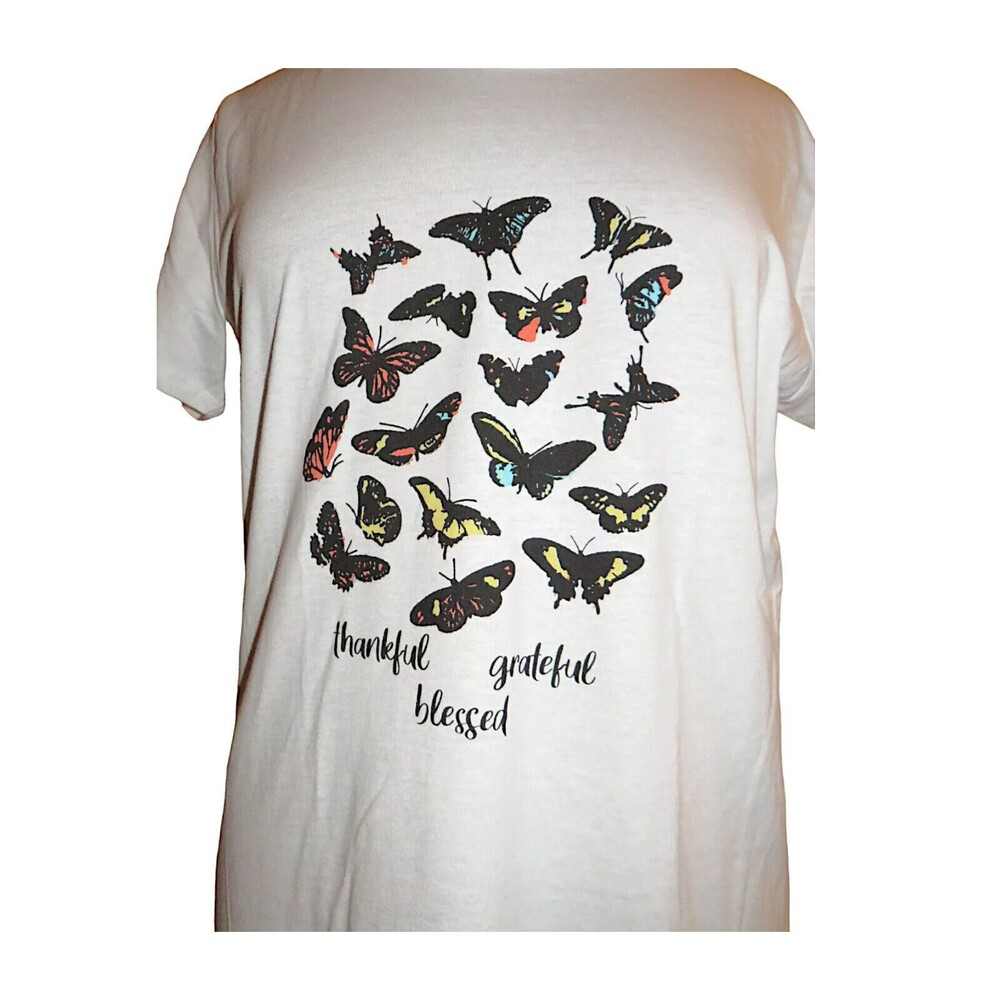 Luscious Cream Slim Fit Butterfly Thankful Grateful Blessed Cotton Blend Tee 3X
